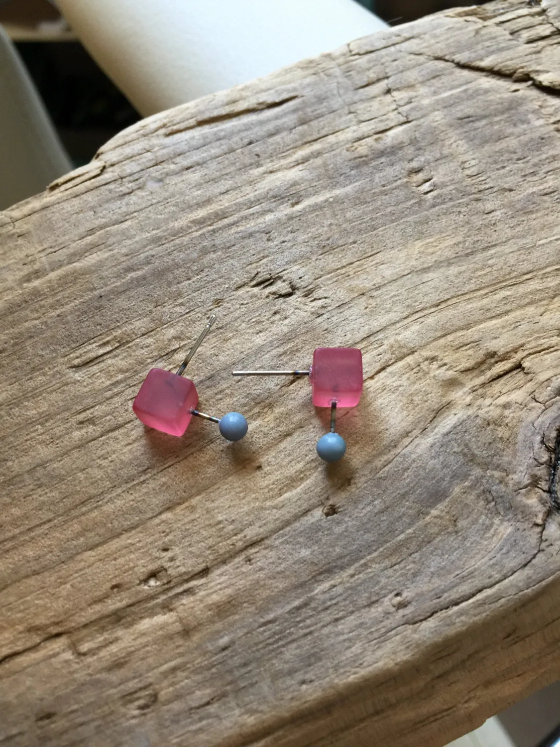 Cranberry and Ice Blue Geo Stud Earrings