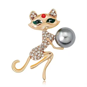 Cute Cat Brooch Rhinestone and Simulated Pearl Cat Lady Jewelry