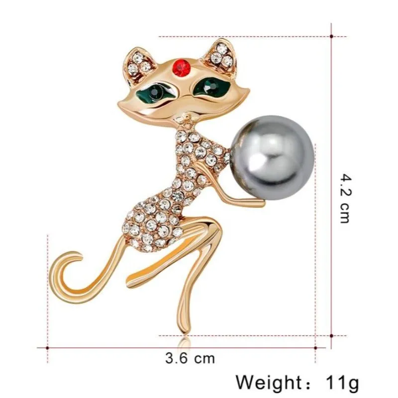 Cute Cat Brooch Rhinestone and Simulated Pearl Cat Lady Jewelry