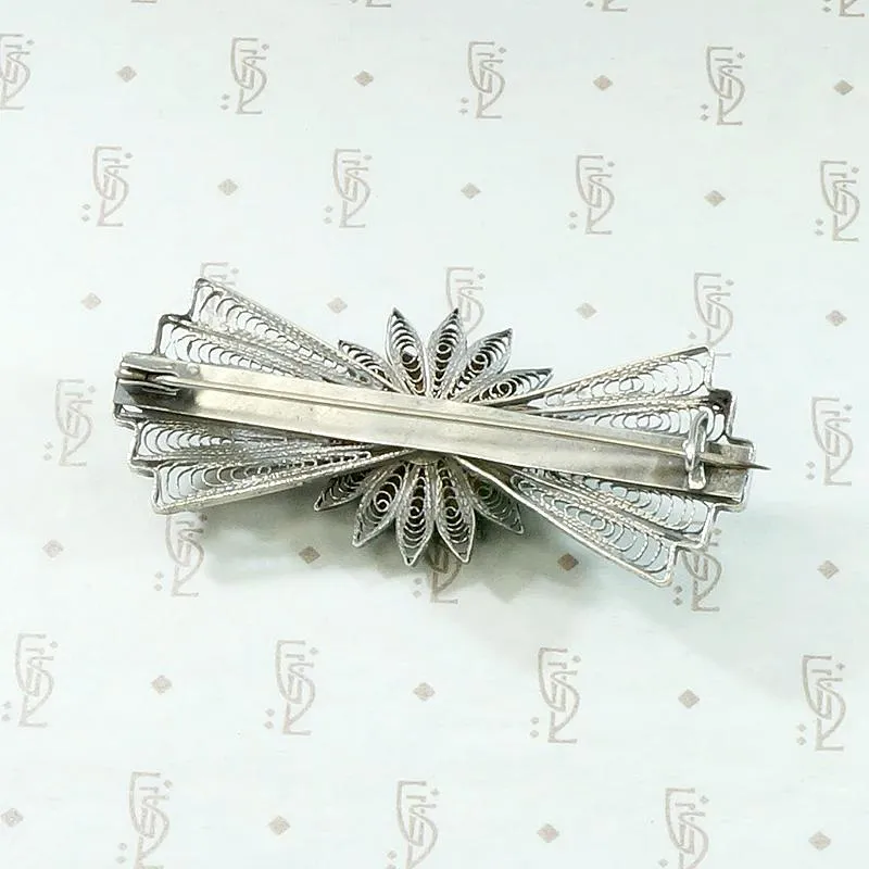 Delicate Silver Filigree Fan & Flower Brooch