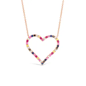 Diamond & Rainbow Gemstone Heart Pendant Necklace