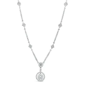 Diamond Halo Pendant Necklace with Diamond Stations