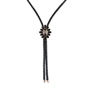 DIAMOND   ONYX BLOSSOM LEATHER BOLO NECKLACE