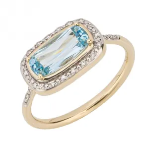 Elongated Sky Blue Topaz Diamond Yellow Gold Surround Ring GR601T