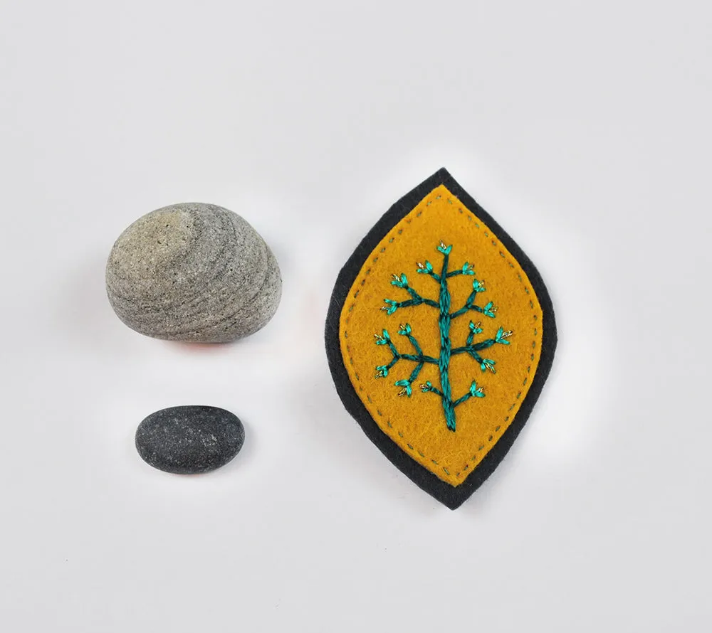 Embroidered Felt Brooch-- Mustard on Charcoal Grey