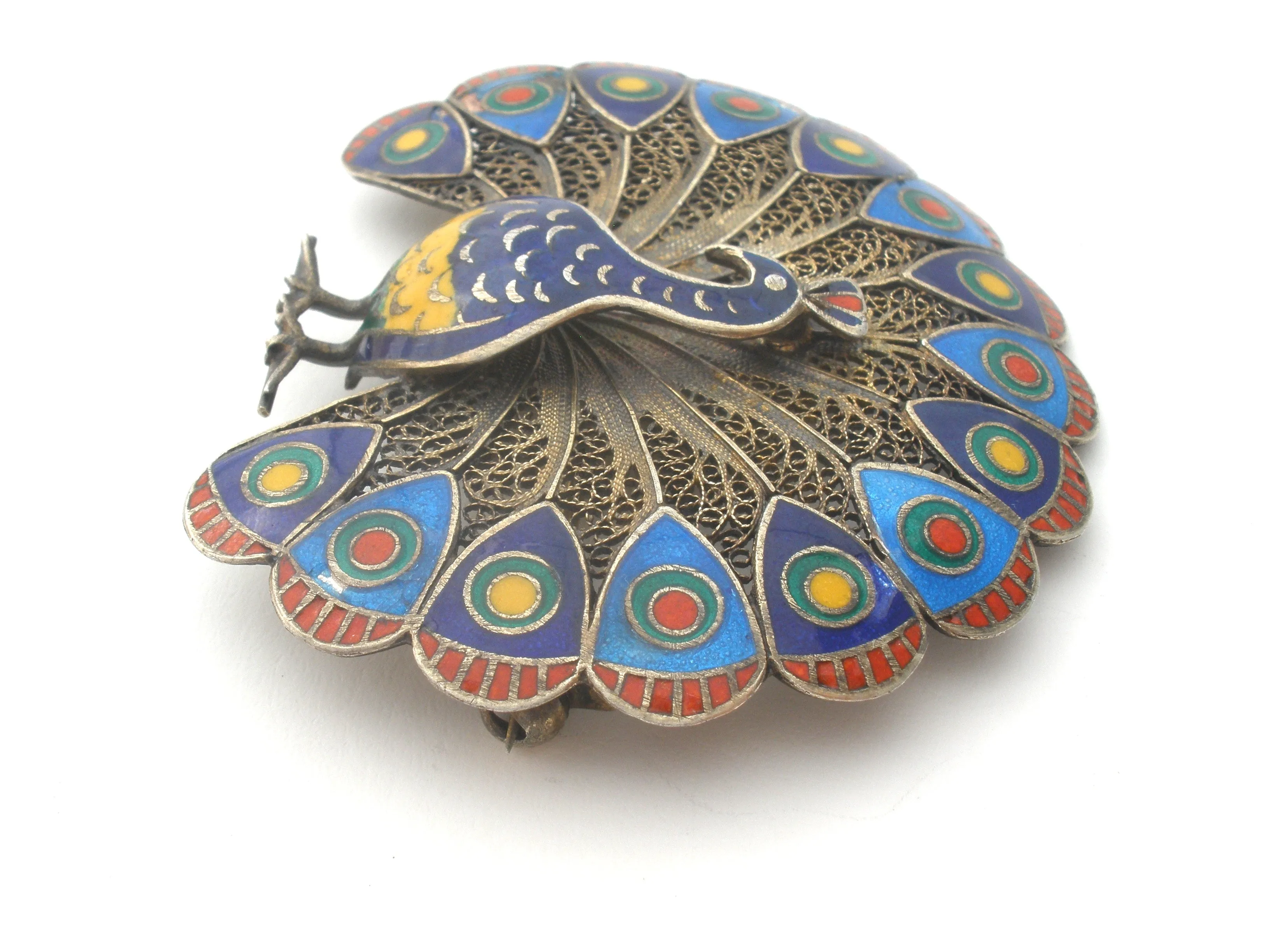 Enamel Peacock Brooch Vintage Sterling Silver