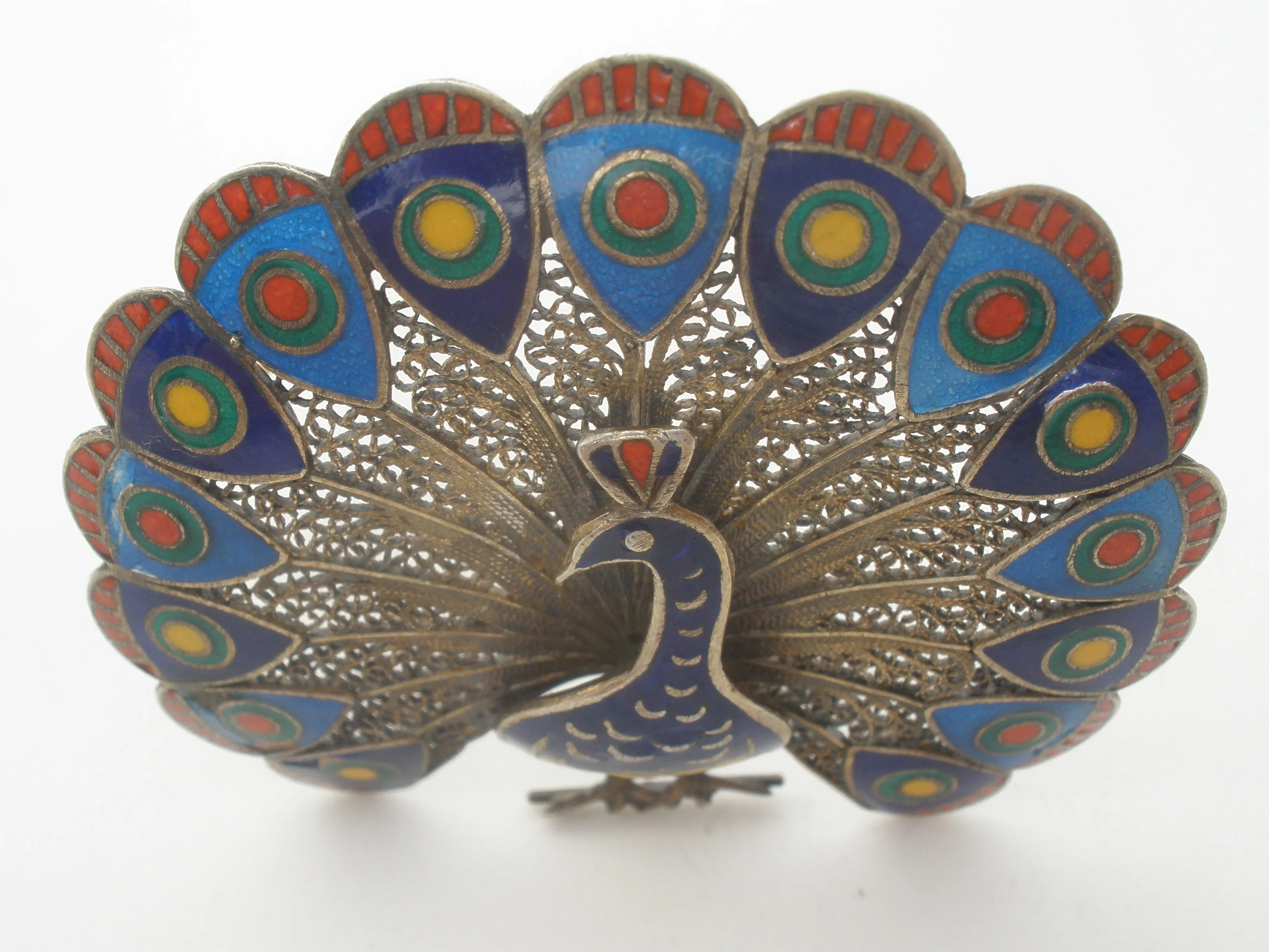 Enamel Peacock Brooch Vintage Sterling Silver