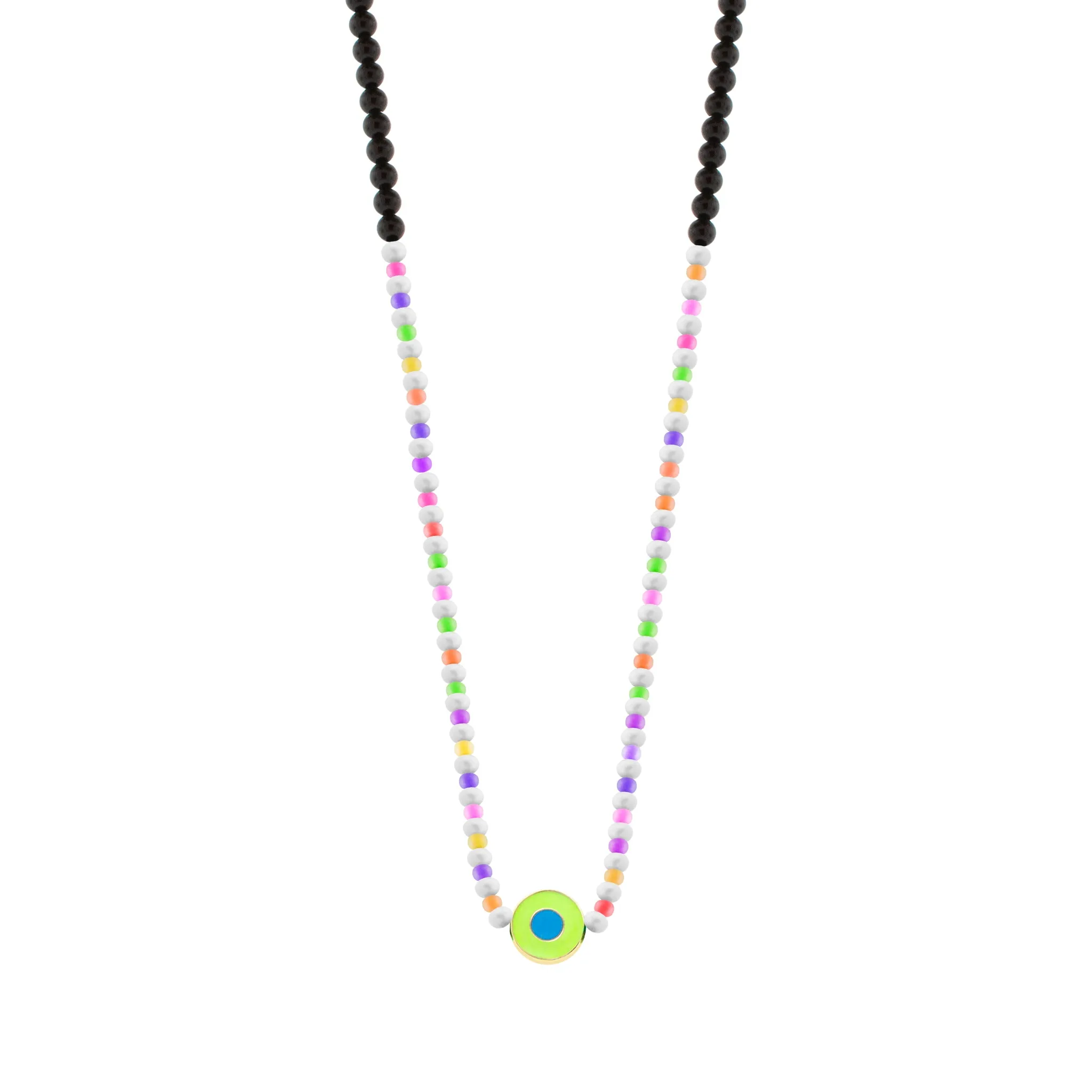 Enameled Neon Yellow Evil Eye Disk on Beaded Necklace