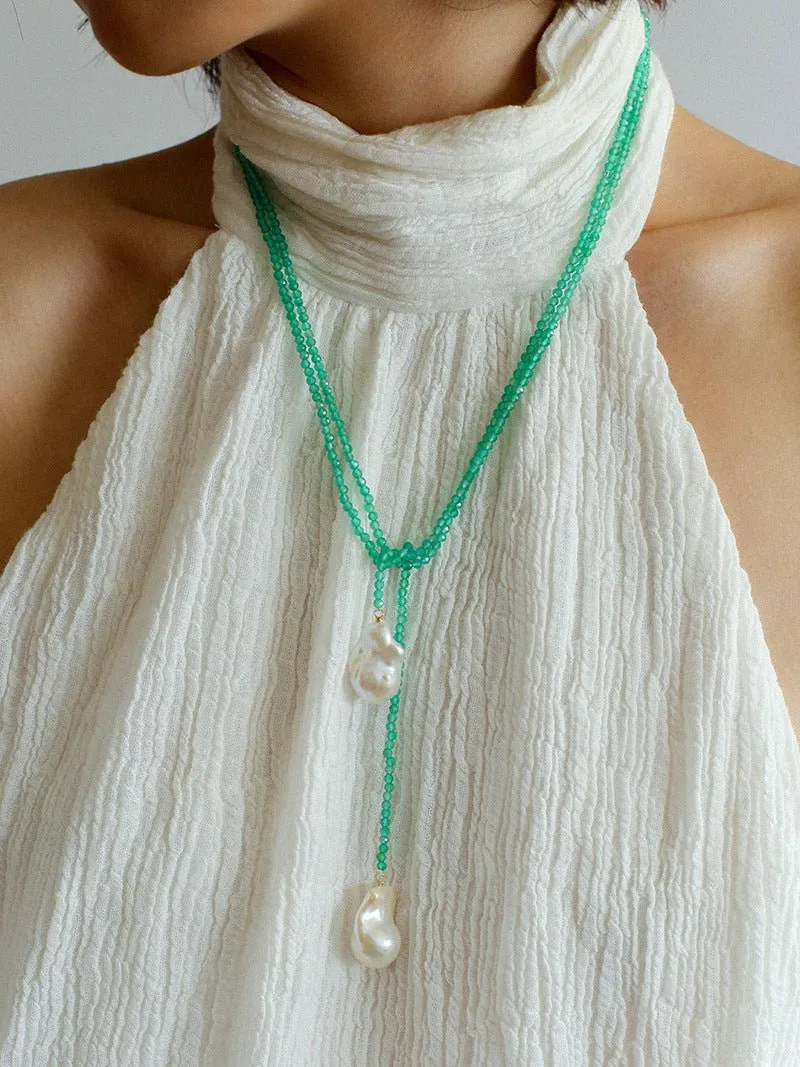 Extra-Long Green Agates Double Baroque Pearl Necklaces