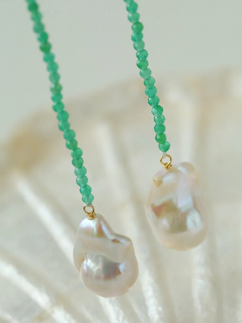 Extra-Long Green Agates Double Baroque Pearl Necklaces