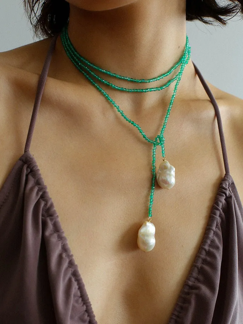 Extra-Long Green Agates Double Baroque Pearl Necklaces