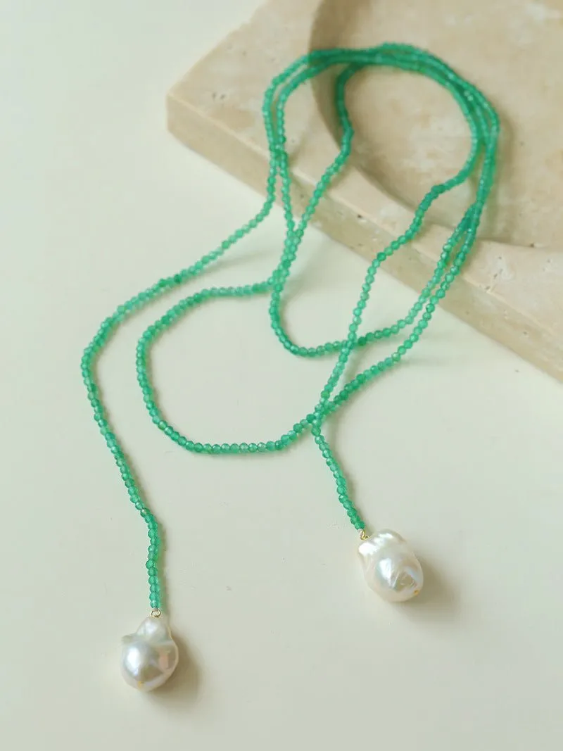 Extra-Long Green Agates Double Baroque Pearl Necklaces