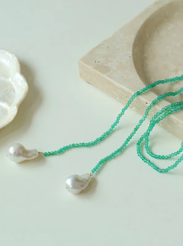 Extra-Long Green Agates Double Baroque Pearl Necklaces