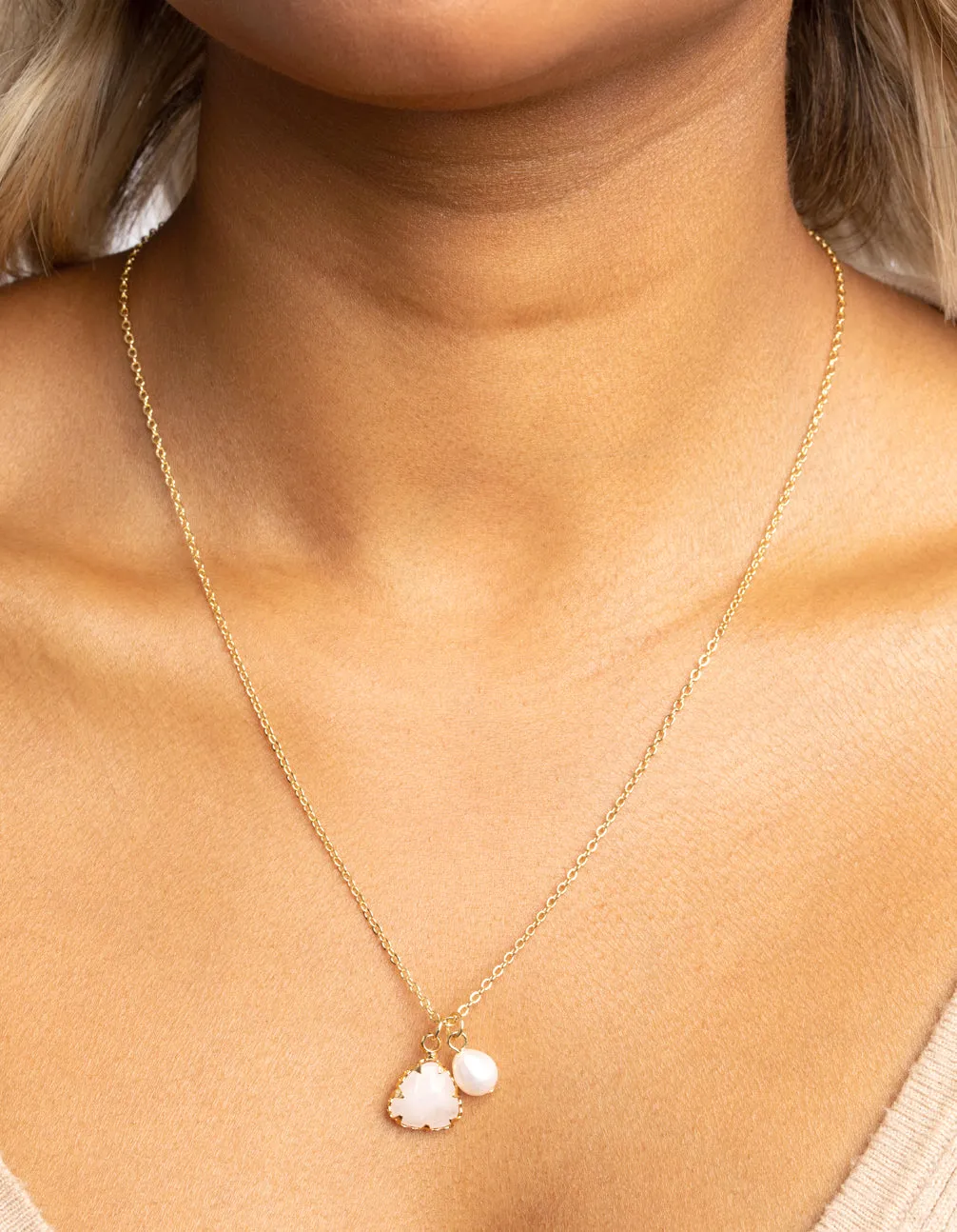 Gold Plated Freshwater Pearl & Rose Quartz Charm Necklace