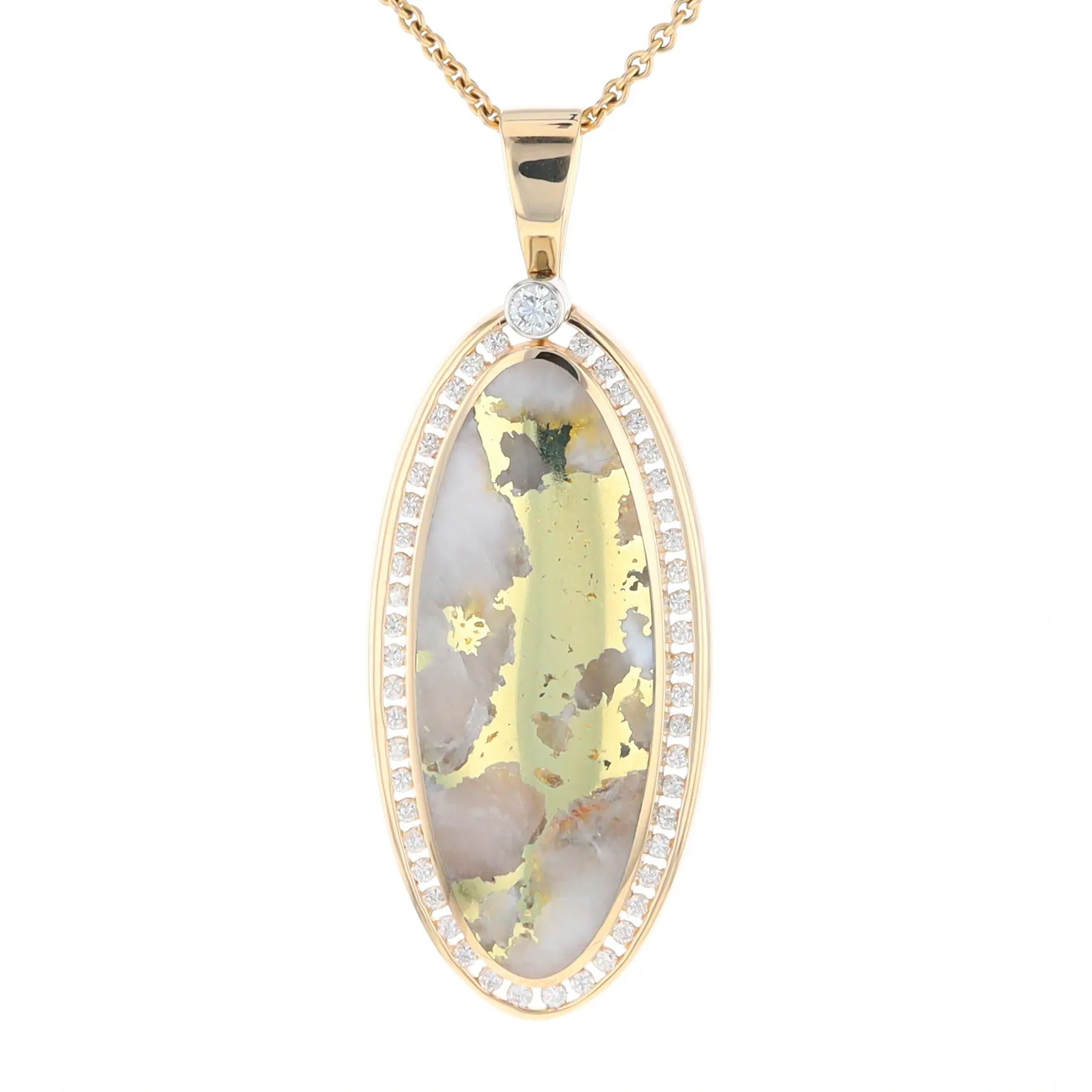 Gold Quartz Necklace 0.96ctw Halo Diamond Oval Inlaid Pendant