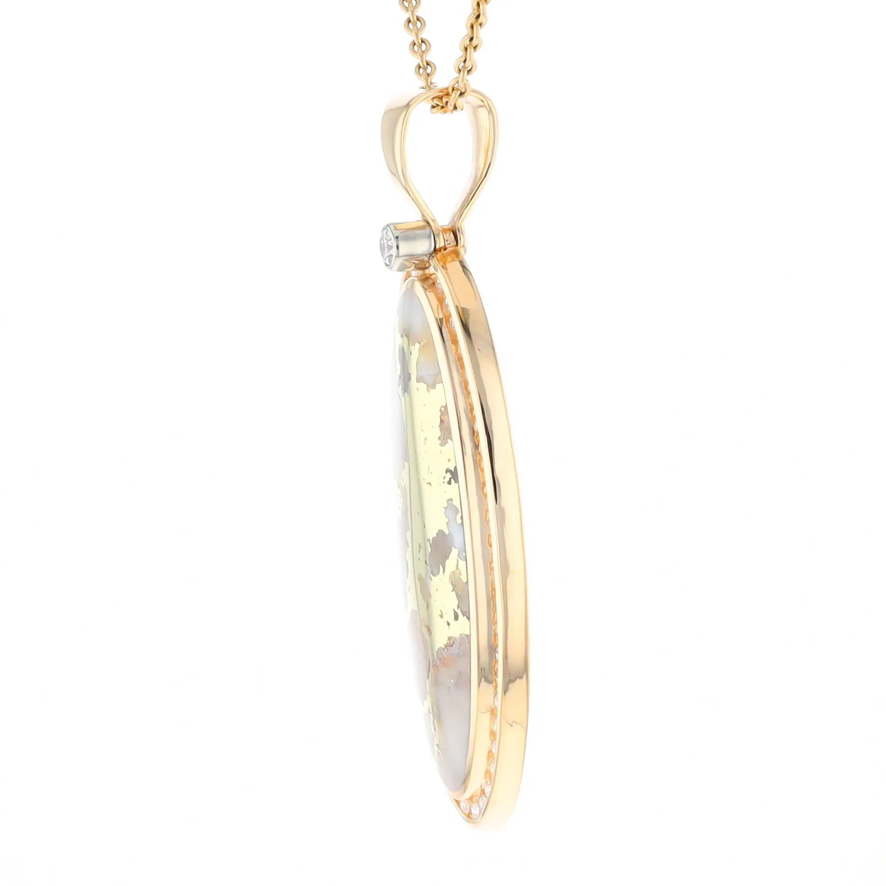 Gold Quartz Necklace 0.96ctw Halo Diamond Oval Inlaid Pendant