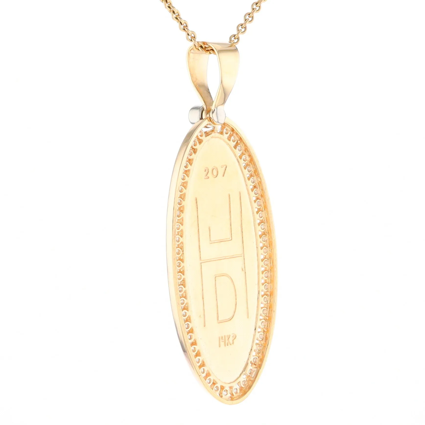 Gold Quartz Necklace 0.96ctw Halo Diamond Oval Inlaid Pendant