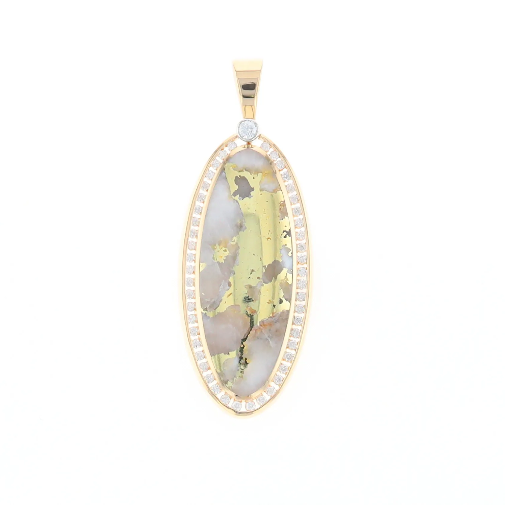 Gold Quartz Necklace 0.96ctw Halo Diamond Oval Inlaid Pendant