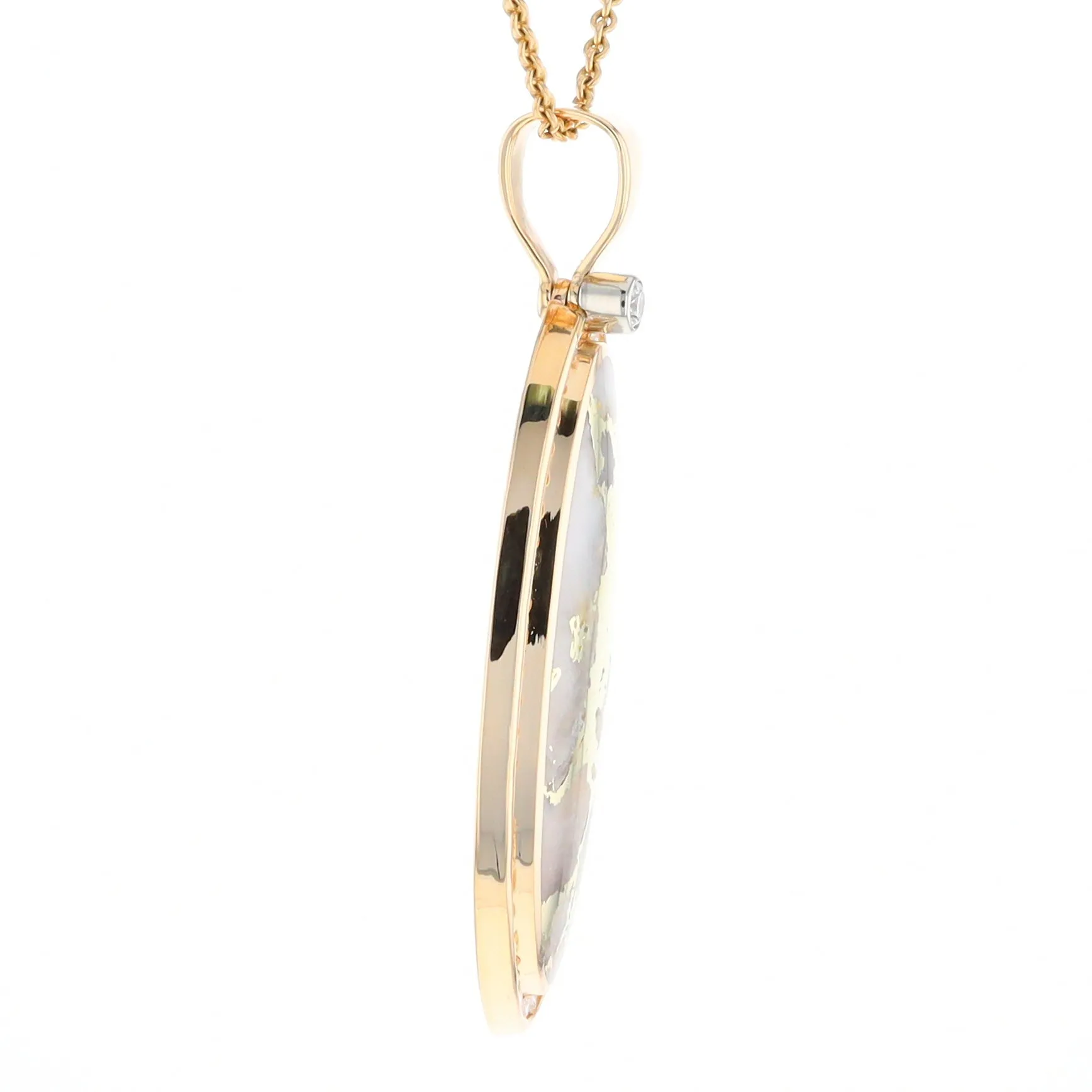 Gold Quartz Necklace 0.96ctw Halo Diamond Oval Inlaid Pendant