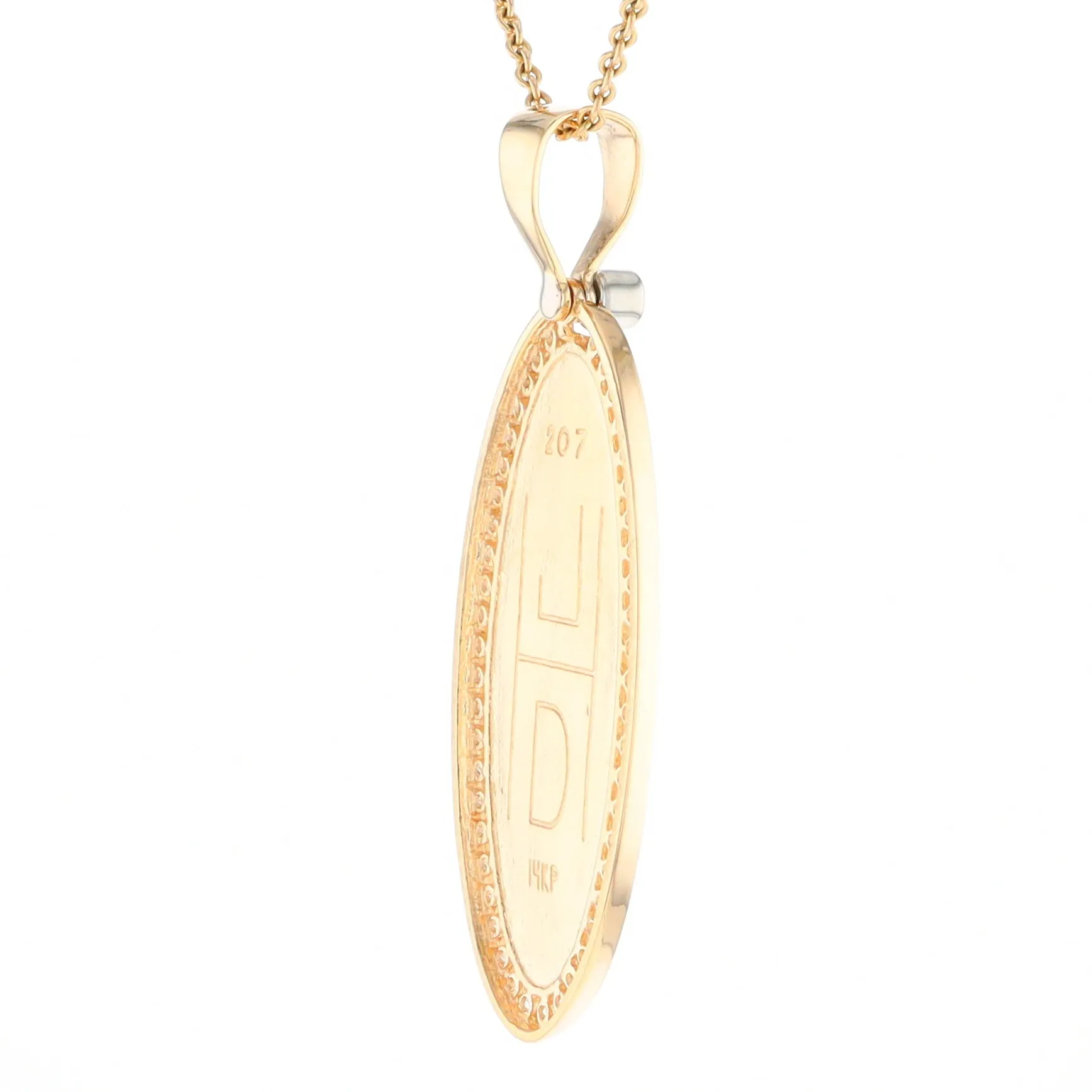 Gold Quartz Necklace 0.96ctw Halo Diamond Oval Inlaid Pendant