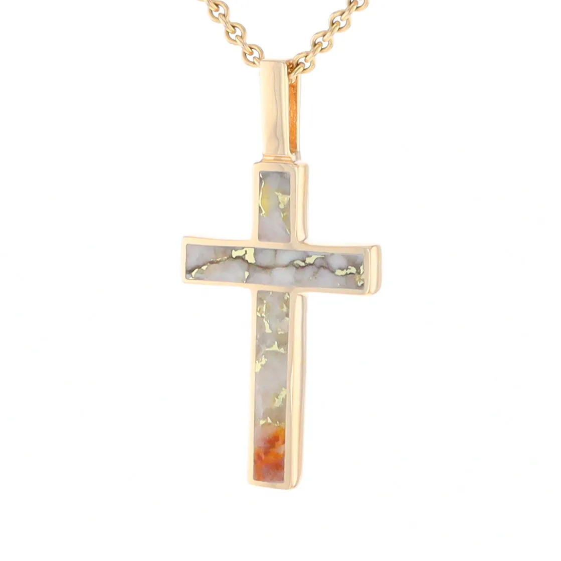 Gold Quartz Necklace 3 Section Inlaid Cross Pendant