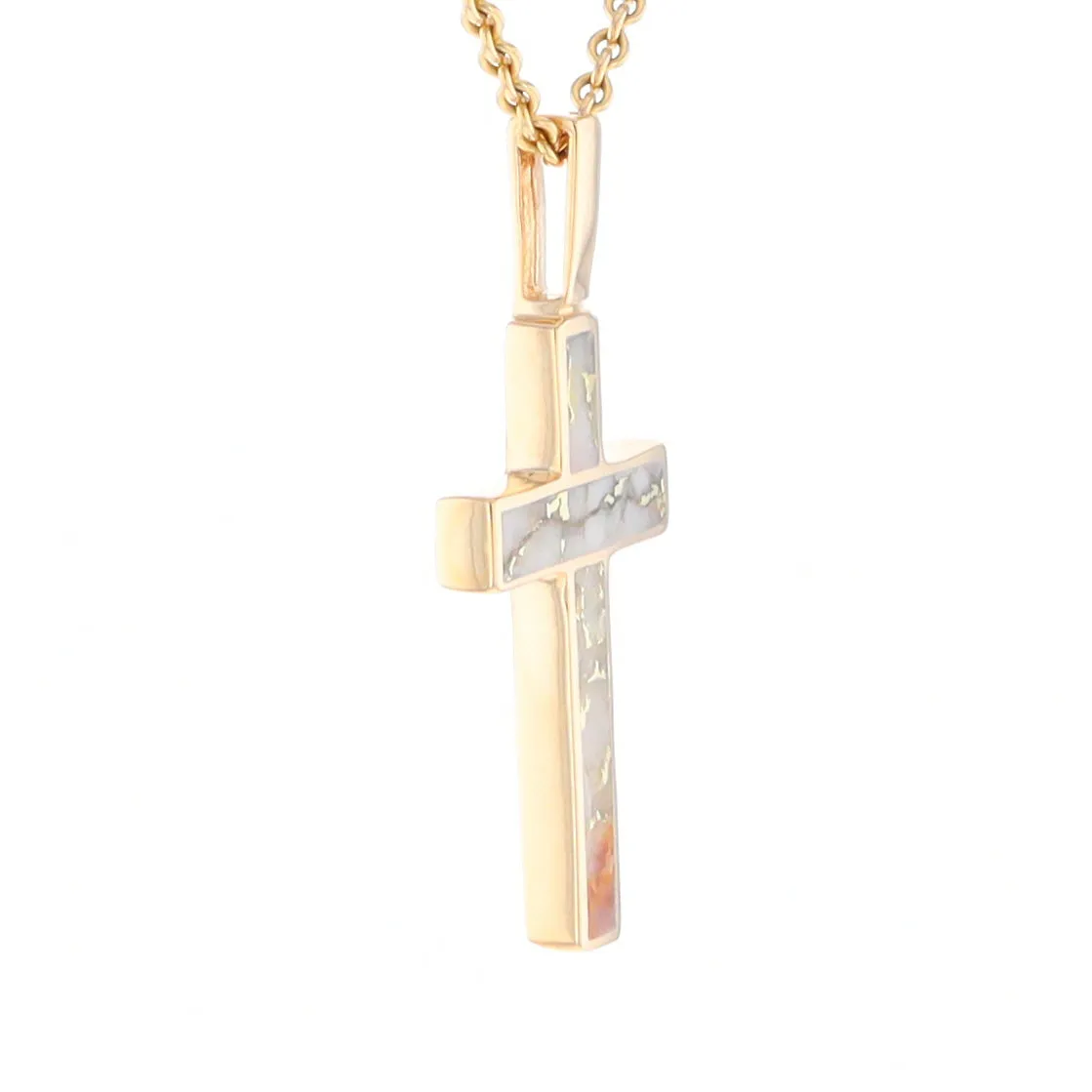 Gold Quartz Necklace 3 Section Inlaid Cross Pendant