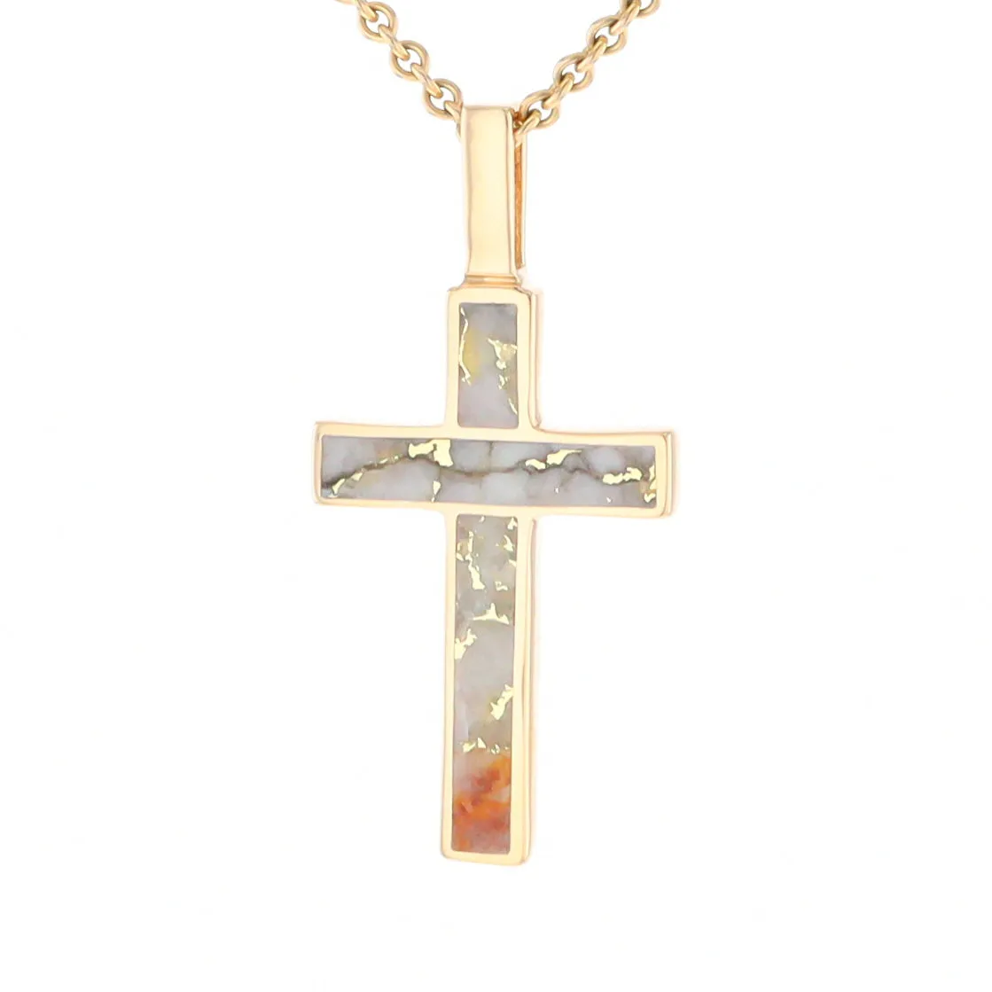 Gold Quartz Necklace 3 Section Inlaid Cross Pendant