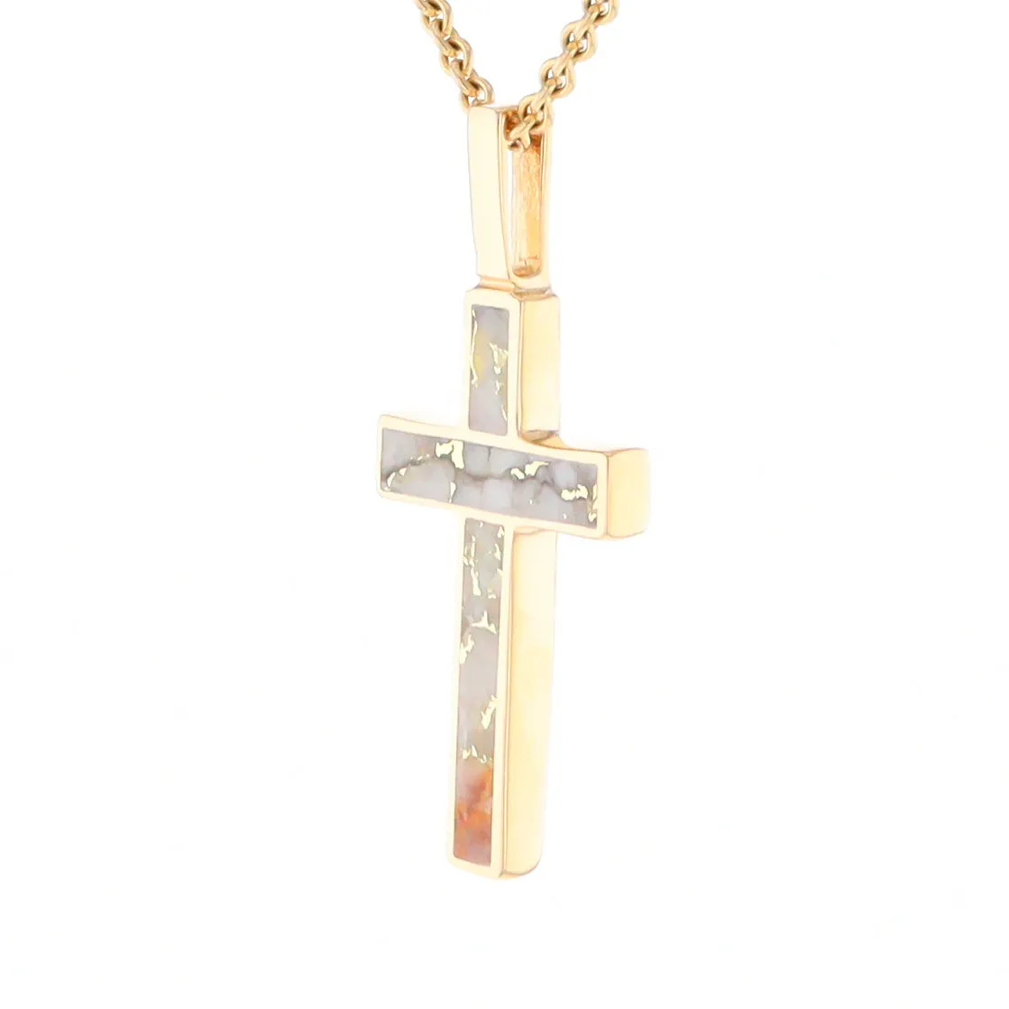 Gold Quartz Necklace 3 Section Inlaid Cross Pendant