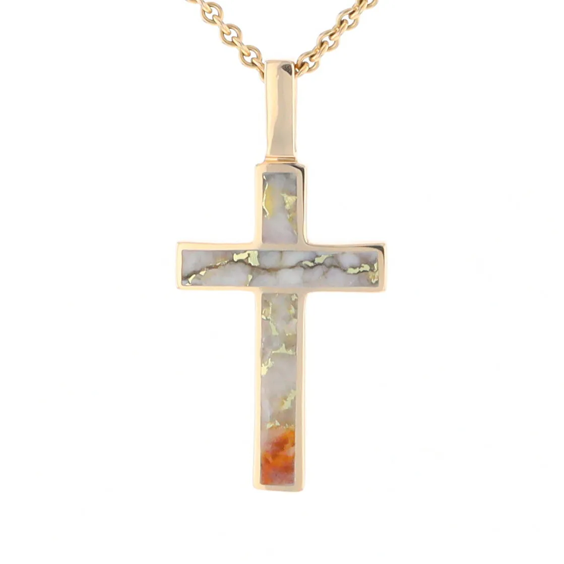 Gold Quartz Necklace 3 Section Inlaid Cross Pendant