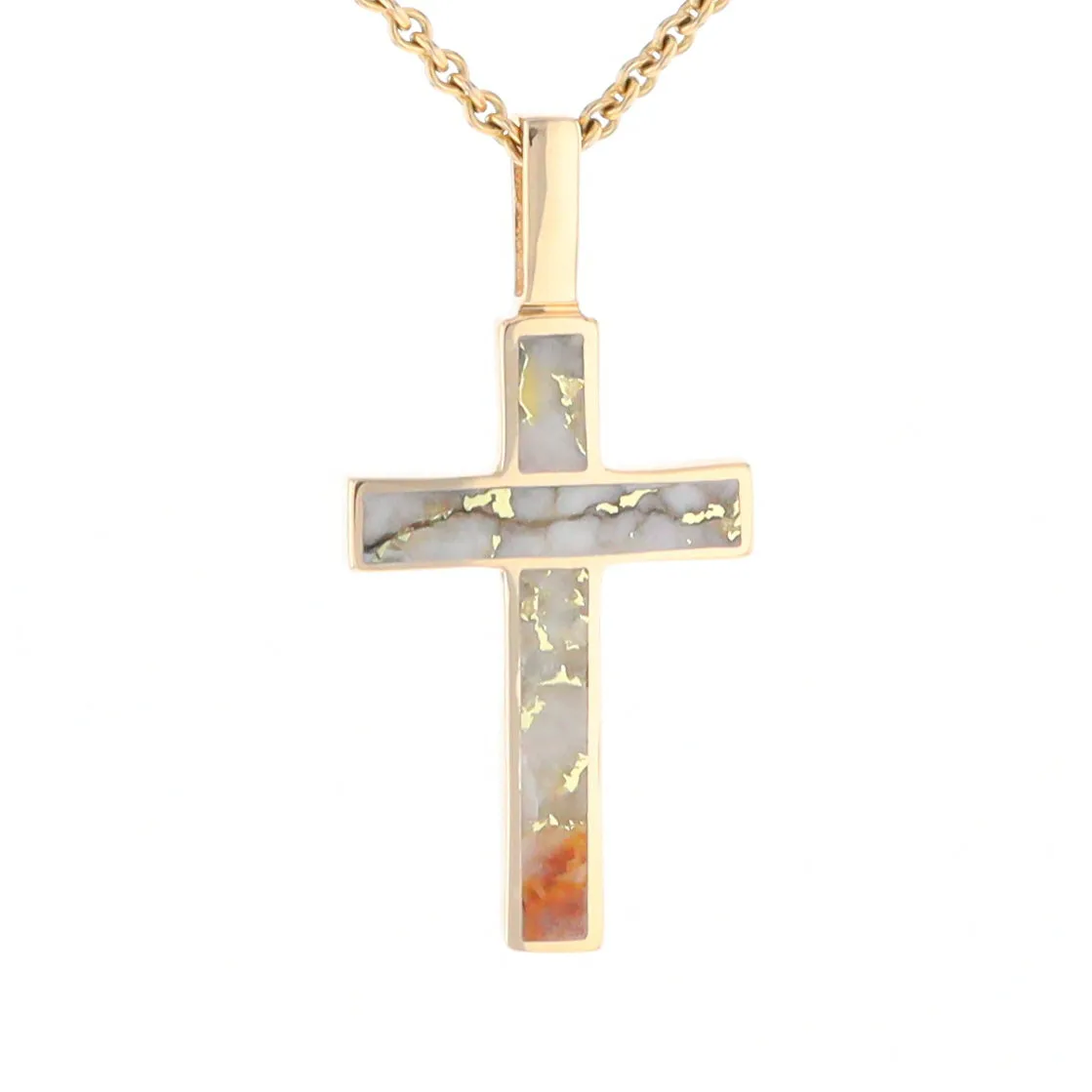 Gold Quartz Necklace 3 Section Inlaid Cross Pendant