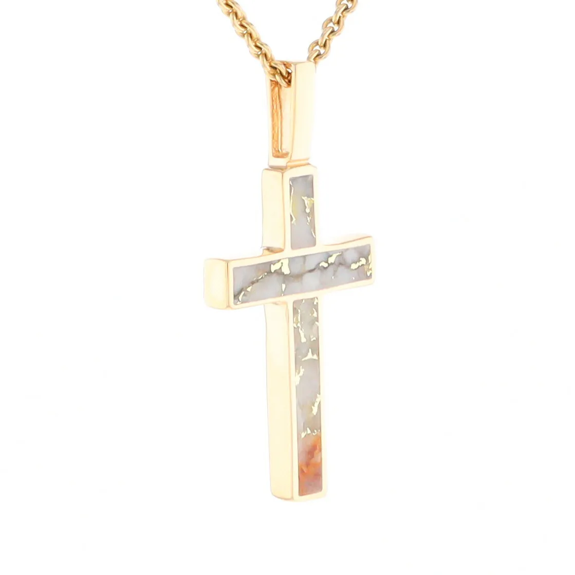 Gold Quartz Necklace 3 Section Inlaid Cross Pendant