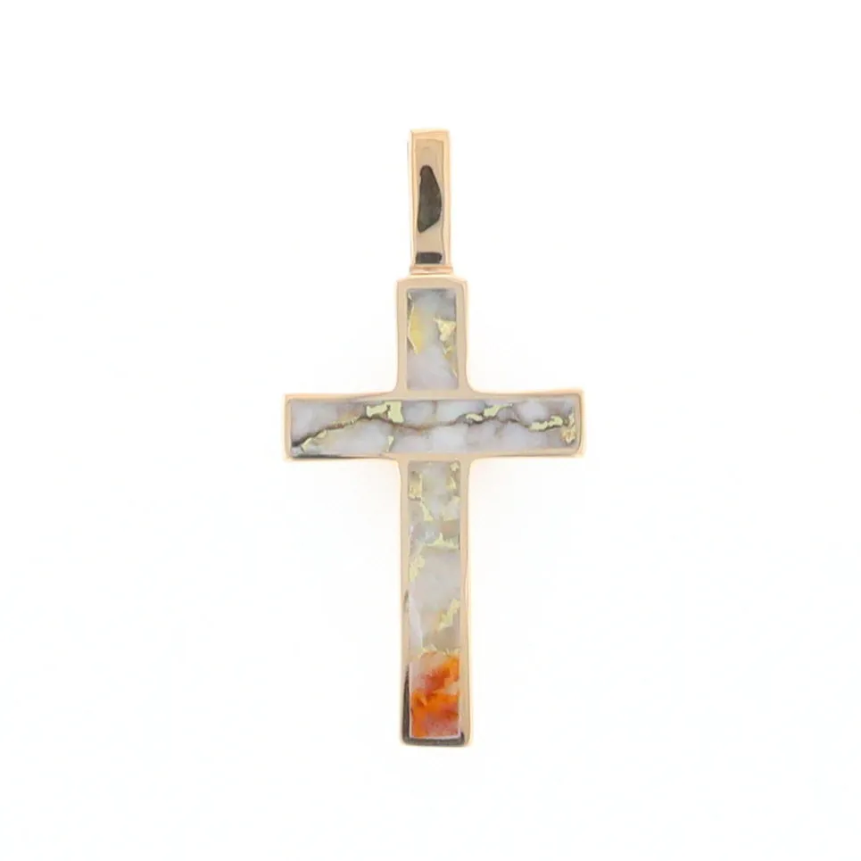 Gold Quartz Necklace 3 Section Inlaid Cross Pendant