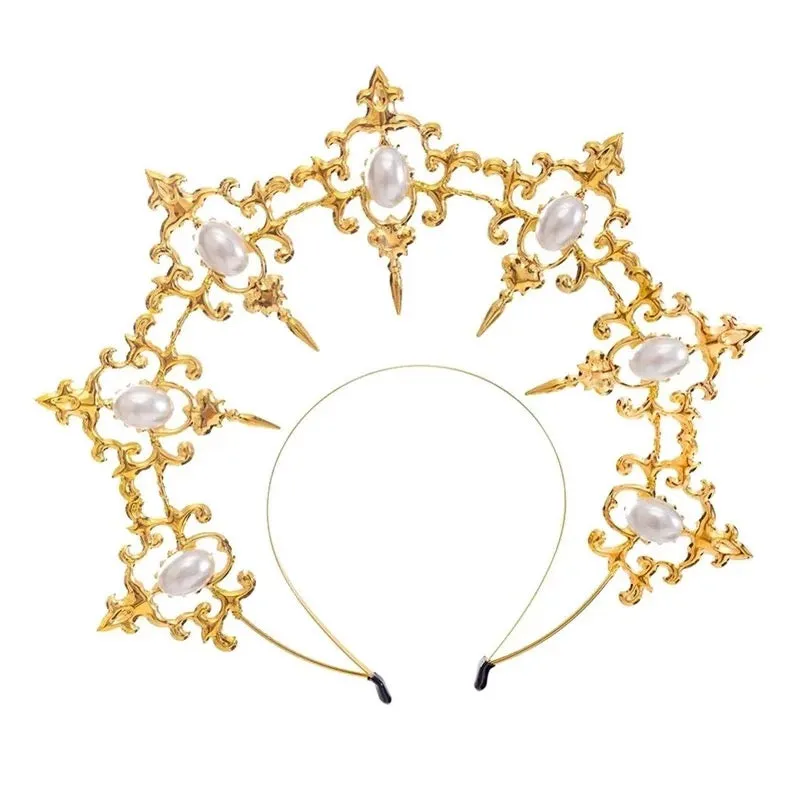 Gothic Goddess Spiked Halo Crown Festival Headdress Headband - Gold with White Pearl