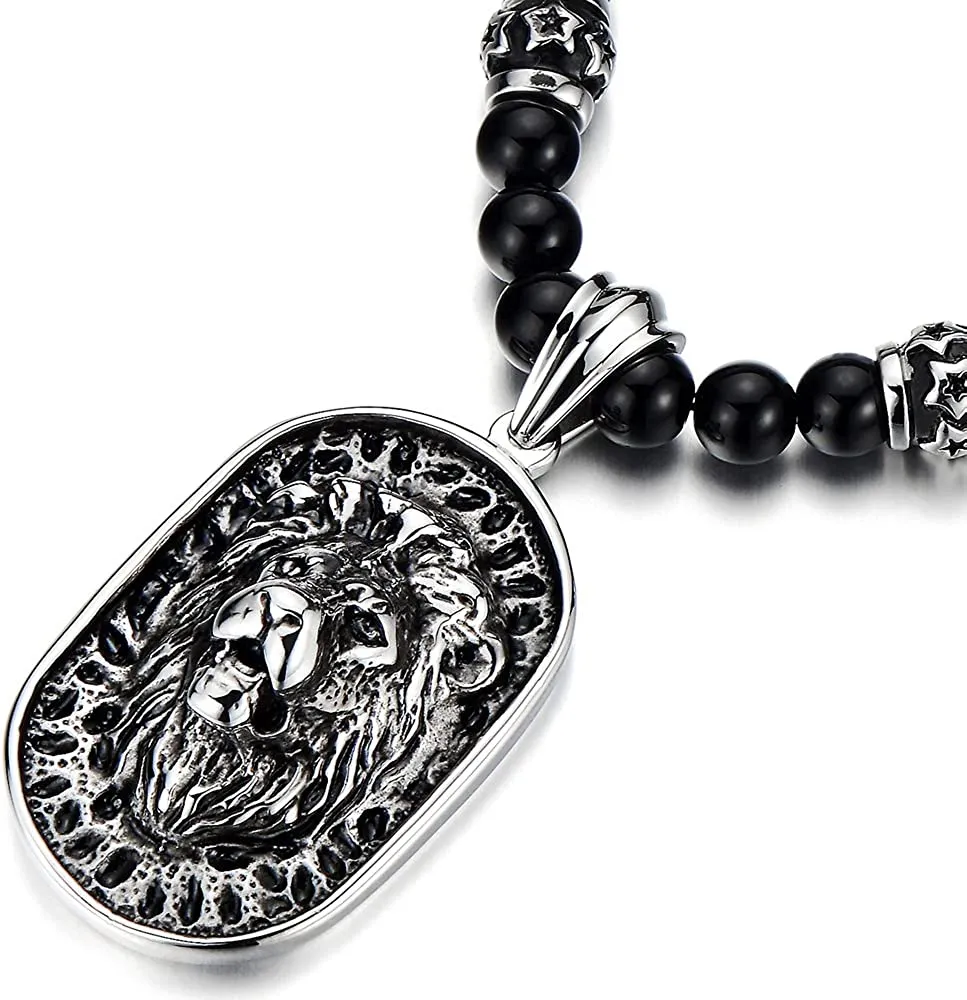 Gothic Style Mens Beads Necklace with Stainless Steel Lion Head Shield Pendant