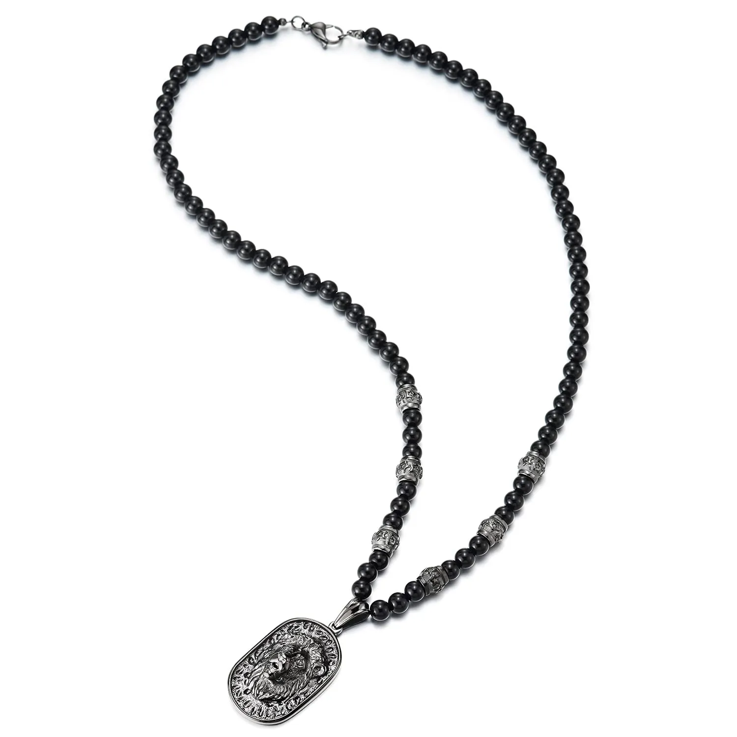 Gothic Style Mens Beads Necklace with Stainless Steel Lion Head Shield Pendant