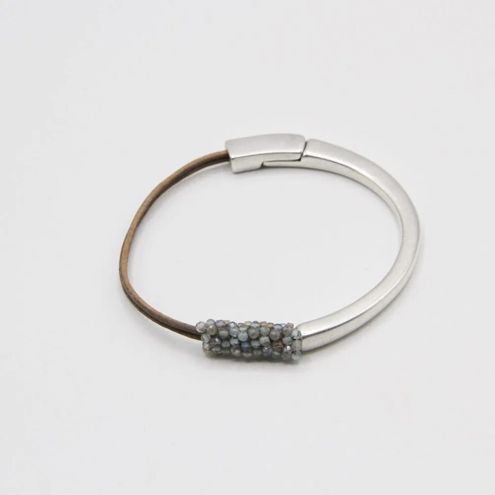 Hand Stitched Tiny Aquamarine and Labradorite Leather Cuff Bracelet