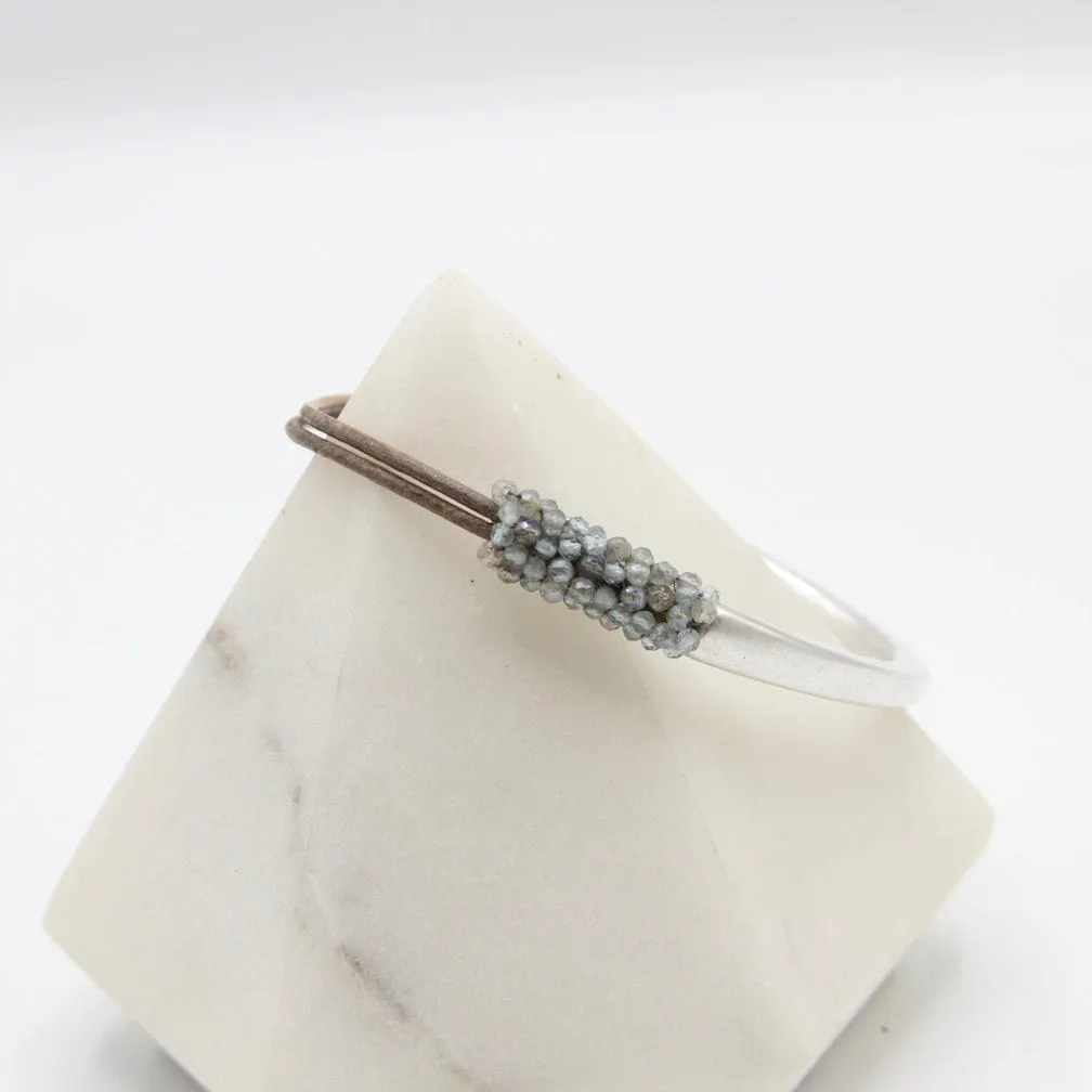 Hand Stitched Tiny Aquamarine and Labradorite Leather Cuff Bracelet