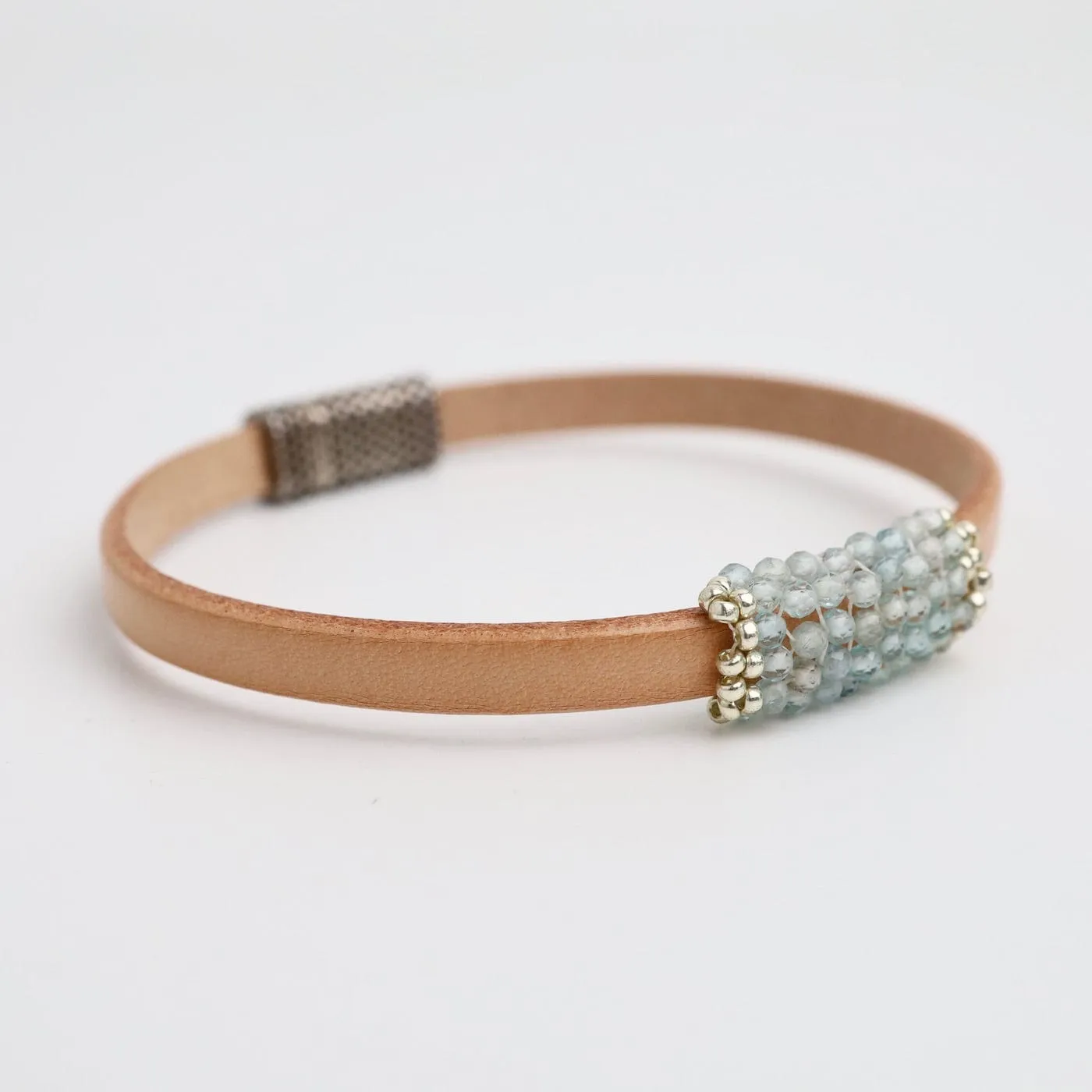 Hand Stitched Tiny Aquamarine Leather Bracelet