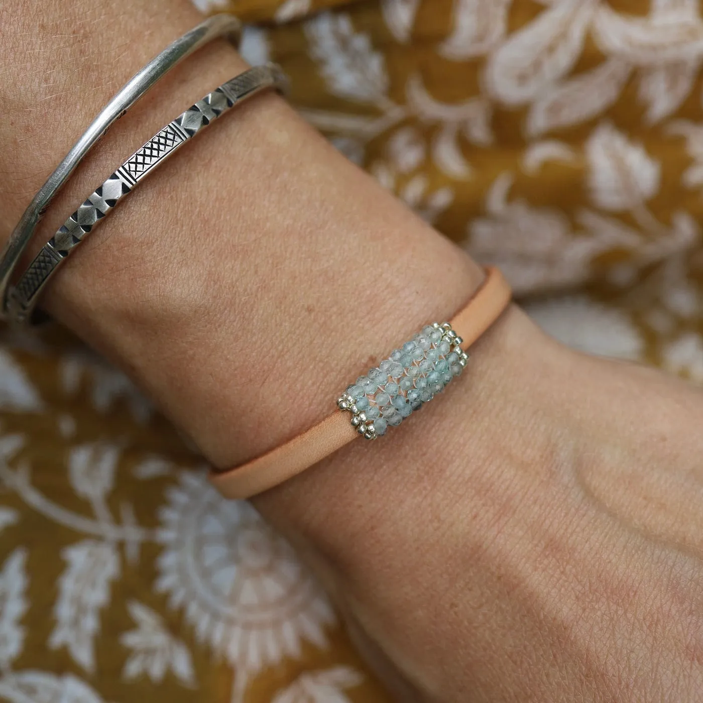 Hand Stitched Tiny Aquamarine Leather Bracelet