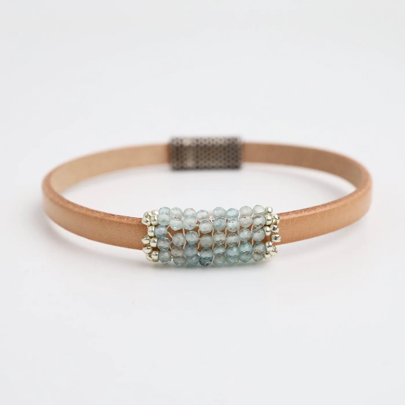 Hand Stitched Tiny Aquamarine Leather Bracelet