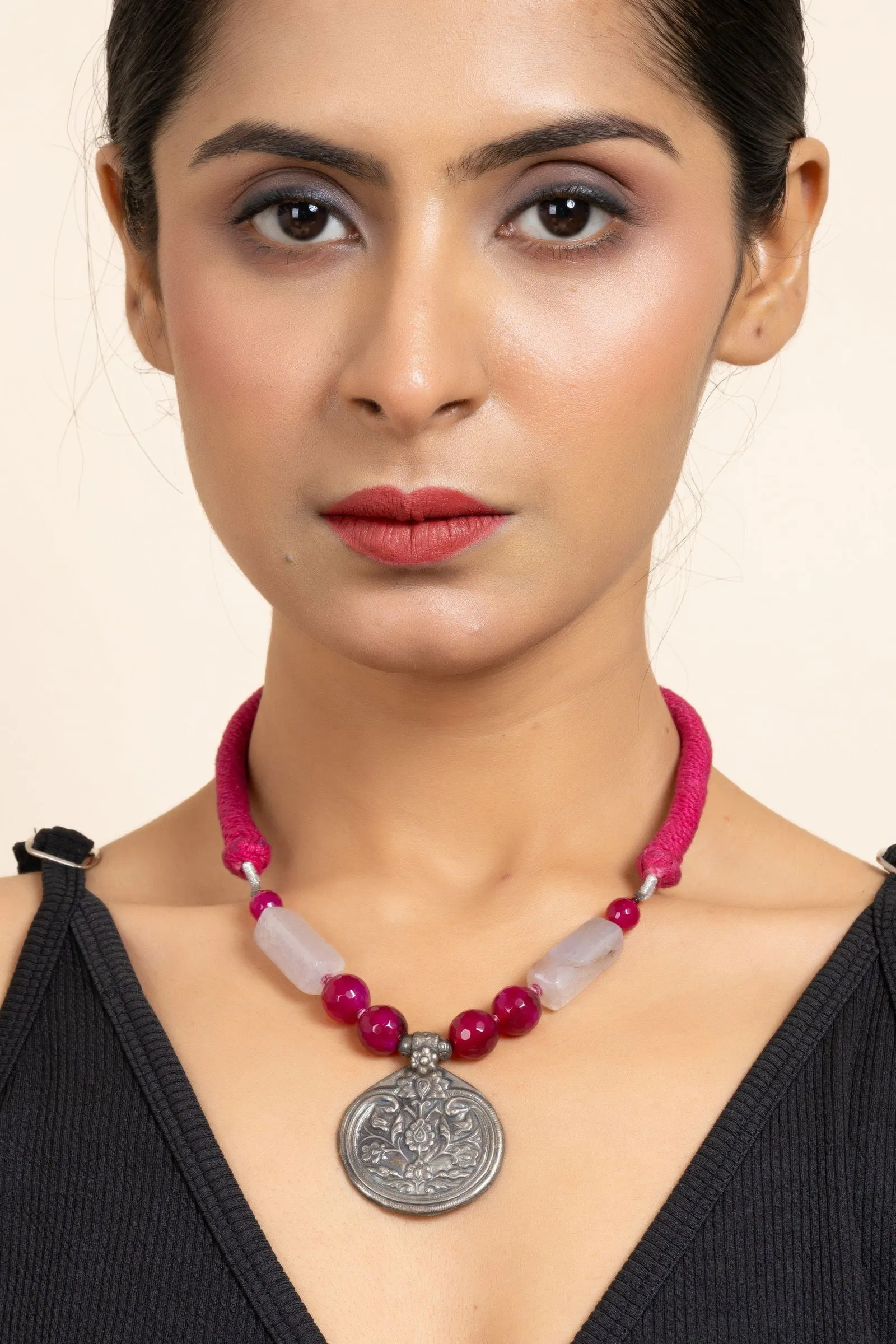 Handcrafted Silver Jewelry: 92.5 Pure Silver Floral Pendant Necklace with Pink Onyx & Purple Agate