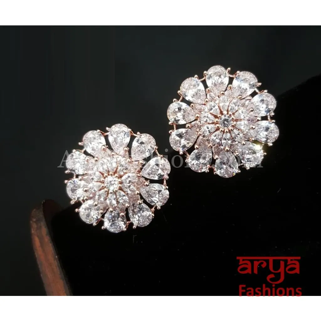 Isha CZ Studs with Silver stones in Rose Gold Finish/ Trendy Bollywood Stud Earrings