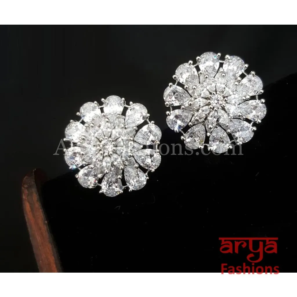 Isha CZ Studs with Silver stones in Rose Gold Finish/ Trendy Bollywood Stud Earrings