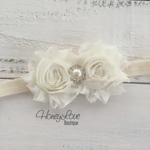 Ivory double flower headband - Pearl and Rhinestone center