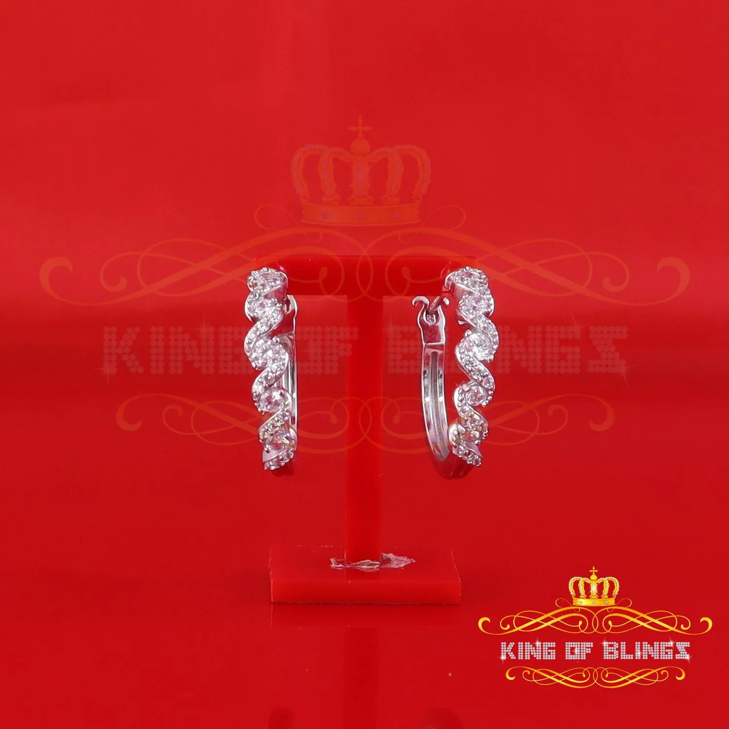 King of Bling's 1.25ct Cubic Zirconia Men'sHip Hop 925 Sterling Silver White Hoop Stud Earrings