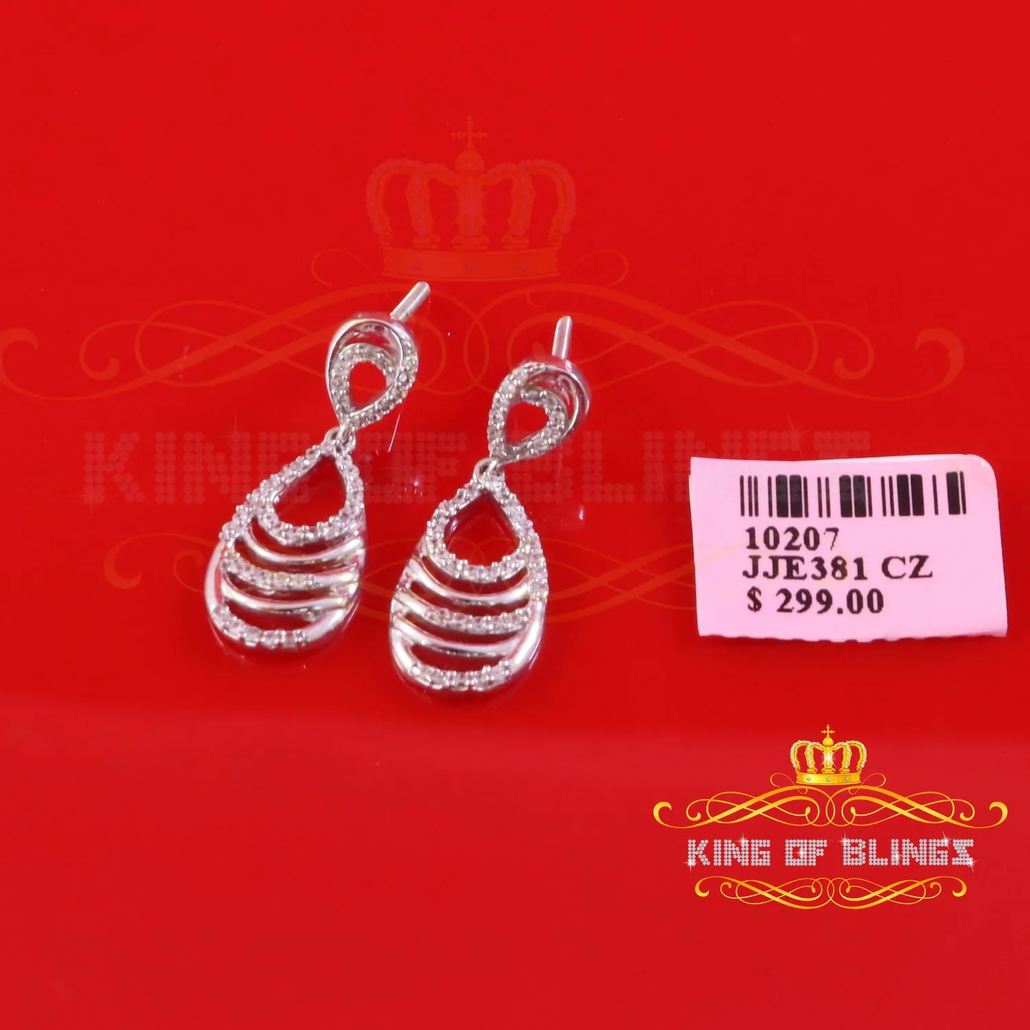 King of Bling's 925 Sterling White 0.86ct Silver Cluster Set Dangling Hip Hop Women's Earrings