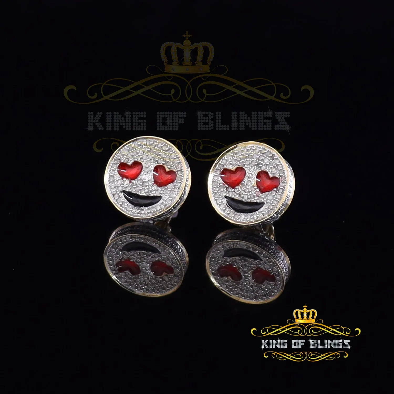 King of Blings-925 Sterling Yellow Silver 0.33ct Diamond Men's & Women's Love Emoji Earrings