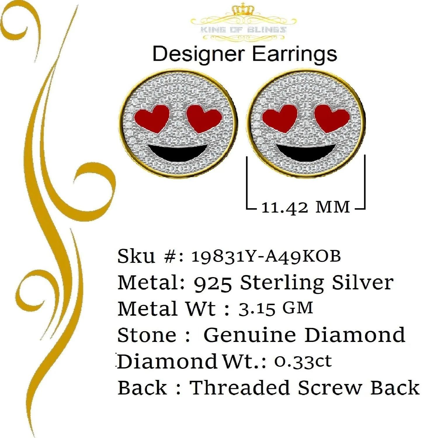 King of Blings-925 Sterling Yellow Silver 0.33ct Diamond Men's & Women's Love Emoji Earrings