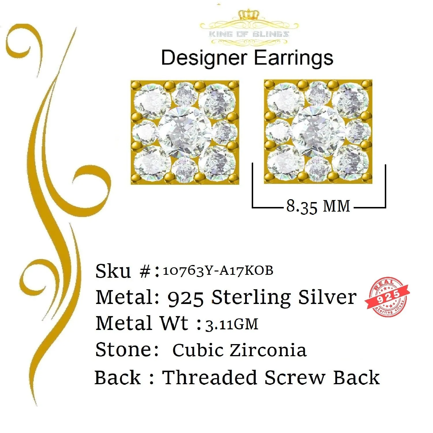 King of Bling's 925 Yellow 1.46ct Sterling Silver Cubic Zirconia Women's & Men's Square Earrings