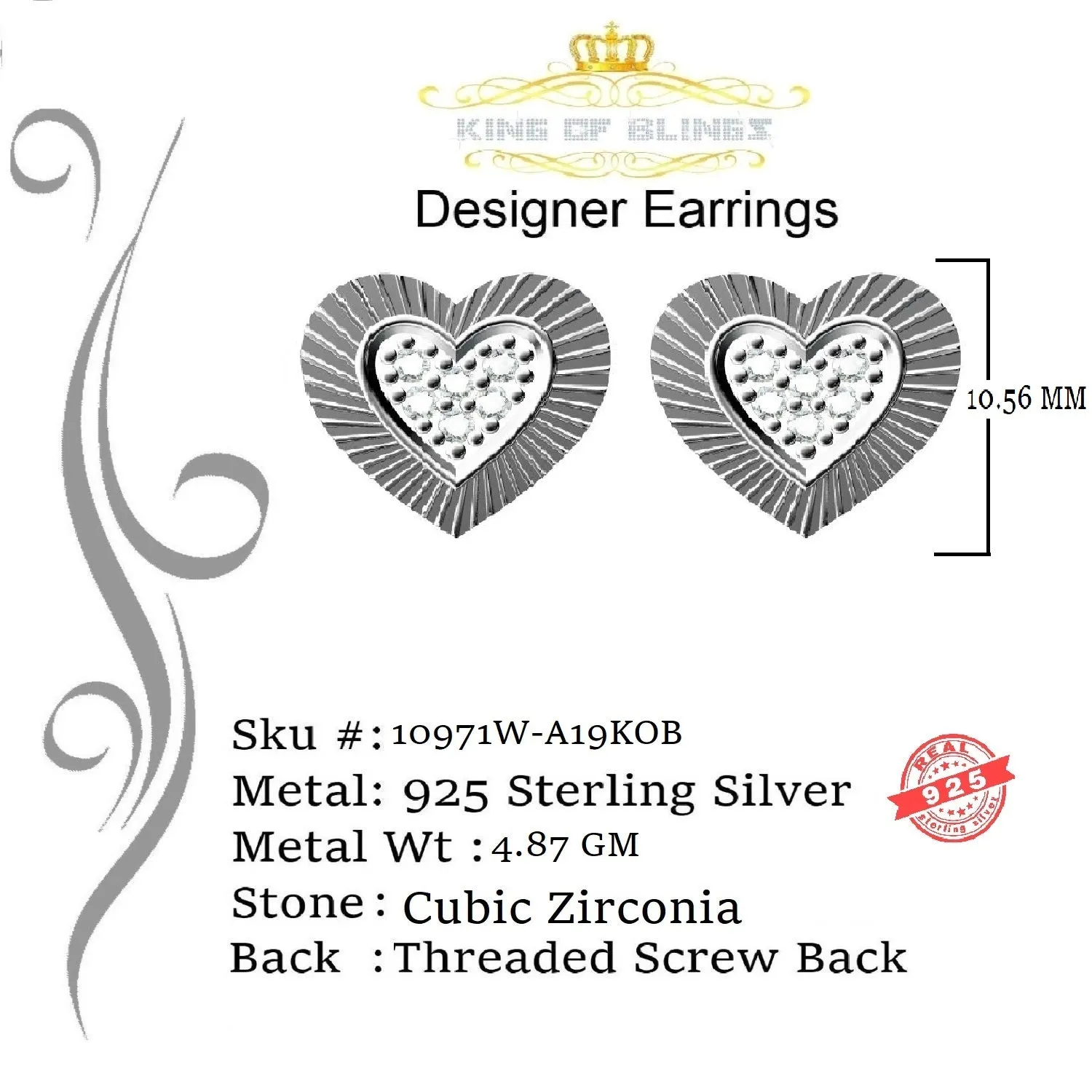 King of Blings- Aretes Para Hombre 925 White Silver 1.36ct Cubic Zirconia Heart Women's Earrings